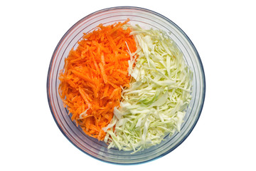 Grated carrot and cabbage. Isolated on white background.Concept- vegetarianism, raw food, recipe.