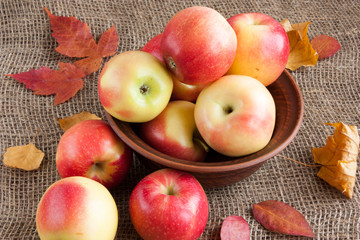 apples in a brown clay bowl on burlap with dry autumn leaves