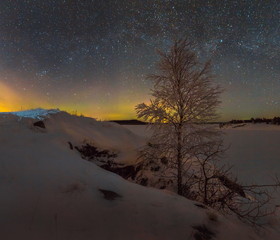 Northern lights on Lake Ladoga in the Republic of Karelia. Full moon and northern lights on the lake. Night panoramas.