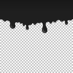 Black dripping slime seamless pattern. Petroleum background with copy space. Kids sensory toy vector illustration. Realistic liquid mucus isolated element. Flowing black fluid. Paint drops and blots.