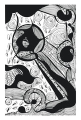 Abstraction with lines, circles and textures. Black and white composition. Hand drawn vector background illustration.