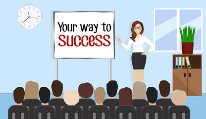 Obraz premium Business woman stands near presentation board with text your way to success