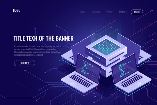 Artificial intelligence isometric abstract banner, neural network, server computers, software development, digital technology, smart system