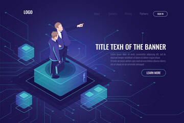 Programmer engineer concept, two men consulting together, solving complex problems and developing a plan, hand pointing, electron internet business