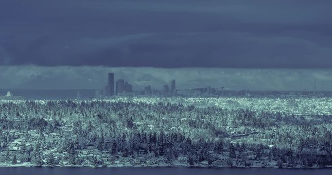 4K time-lapse of Seattle skyline at sunset after Snowpocalypse snowstorm in early February 2019