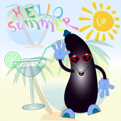 Naklejka premium hello summer cartoon eggplant poster vector 