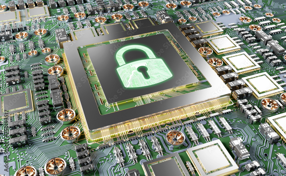 Fototapete close-up view of a modern gpu card with padlock protection 3d rendering