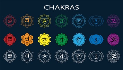 Chakras set: muladhara, swadhisthana, manipura, anahata, vishuddha, ajna, sahasrara. Vector line symbol. Om sign on a black background. EPS 10 Vector illustration