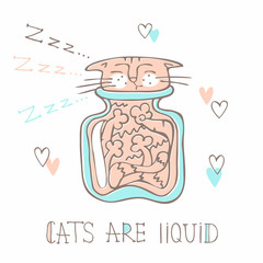 Cat sleeping in a glass jar. Cute style. Cats are liquid. Inscription. Vector © Olga