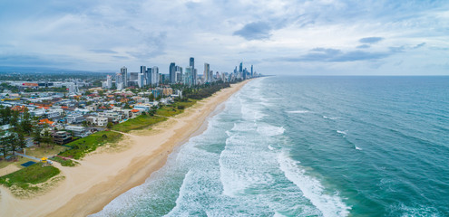 Aerial panorama of Gold Coast city and ocean coastline