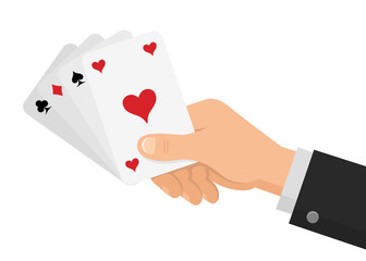 Hand holds playing cards. Casino concept. Suits icons: spades, hearts, diamonds and clubs. Poker game symbol. Isolated on white background. Flat Style. Vector illustration.