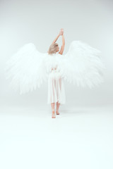 back view of woman with angel wings posing on white background