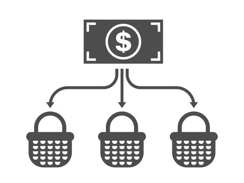 Allocation Business Icon. Diversification Money Concept. Financial Investment Illustration. US Dollar Banknote With Arrows And Baskets.