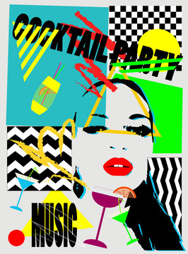 Pop art background wih a girl and horses music. 