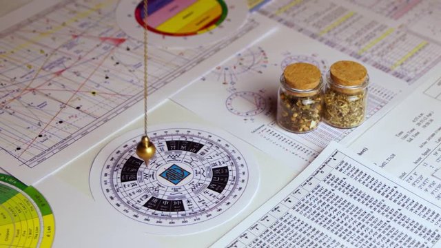 Pendulum for tarot and astrological circle on the background of astrological charts, magical potions and astrological spreadsheets
