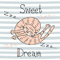Sleeping cat. Sweet dream. Inscription. Cute style. © Olga