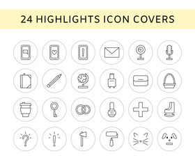 Vector set of 24 line icons - social media story highlights covers. Trendy bloggers linear icons. Blog decoration icons. Beauty icons isolated on white. Eps 10
