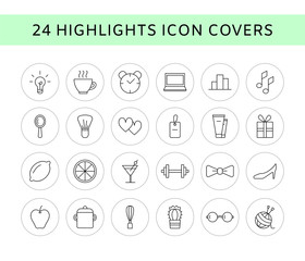 Vector set of 24 line icons - social media story highlights covers. Trendy bloggers linear icons. Blog decoration icons. Beauty icons isolated on white. Eps 10