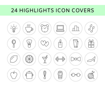 Vector set of 24 line icons - social media story highlights covers. Trendy bloggers linear icons. Blog decoration icons. Beauty icons isolated on white. Eps 10