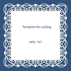 Greeting card with openwork border, paper doily under the cake, template for cutting, wedding invitation, decorative plate is laser cut, vector illustrations.