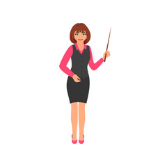 Beautiful business woman or  teacher with a pointer. Woman in office clothes. Vector illustration isolated white background.