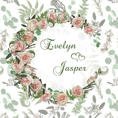 Fototapeta na wymiar Wedding invitation. Wreath with flowers and leaves background pattern. Botanical illustration. Boxwood, eucalyptus, brunia, forest fern and pink rose. Invitations, cards. Elements