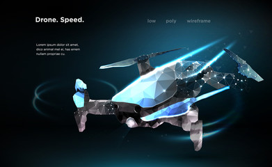 Air Drone Speed A flying Drone is a top view illustration is executed in the form of particles, geometric art, lines and points in the form of a starry sky or space Low poly wireframe mesh vector