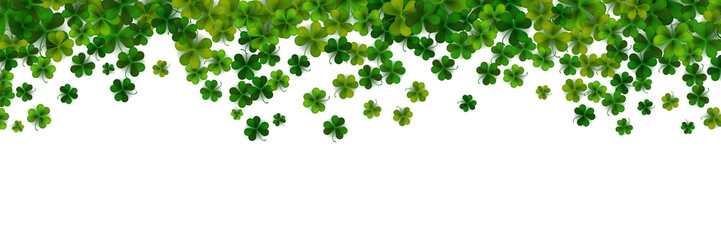 Happy Saint Patrick's day background with realistic shamrock leaves, decorative frame template, vector illustration
