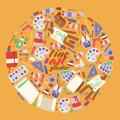 Art studio vector studying in art-schoolwith artist tools watercolor paint brushes palette for color paints artwork backdrop illustration artistic painting background