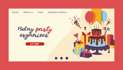 Birthday party vector anniversary landing page design cartoon kids happy birth cake or cupcake celebration with gifts and birthday balloons web-page backdrop illustration background