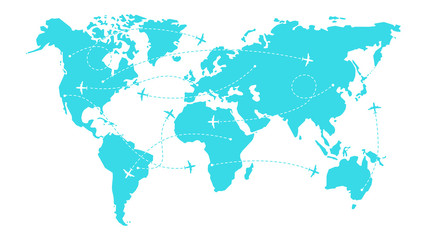World map with airline routes. Silhouette of world map with icons of airplanes. International flights. Dotted line air path. Vector illustration
