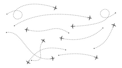 Airline routes. Dotted line air path with icons of airplanes. International flights. Vector illustration