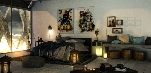 Schlafzimmer mit Doppelbett und viel warmer Beleuchtung