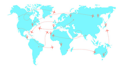 Fototapeta na wymiar World map with airline routes. Silhouette of world map with icons of airplanes. International flights. Dotted line air path. Vector illustration