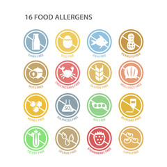 Allergens free circle colorful ingredients label set. Soy free, dairy free, gluten free pastel colors stamps. Allergen vector sticker set.