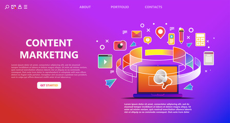 Content marketing landing page. Abstract illustration of content icons on computer screen - vector