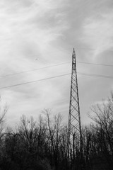 Electricity High Voltage System Tower. Brenta River, Padova, Italy. 19th August 2019