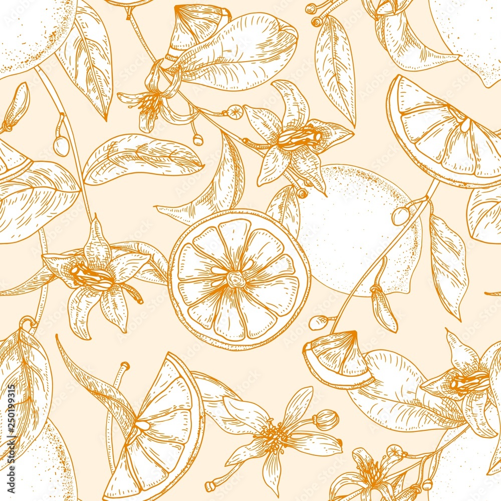 Poster monochrome seamless pattern with fresh lemons, whole and cut into slices, flowers and leaves on ligh
