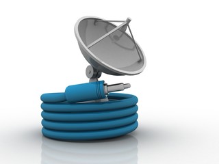 Satellite Dish and spaceship with aux cable, 3d rendering