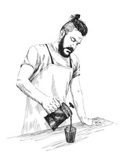 Young barista man in apron with a beard holds a coffee press and pours coffee in a mug. Vector illustration in pencil style. High details sketch. Coffee concept. Restaurant concept. - 250199391