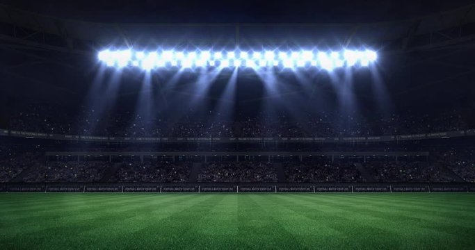grand football stadium at night with light moving cones as seamless loop, soccer arena sport advertisement static view background, 4k loop animation