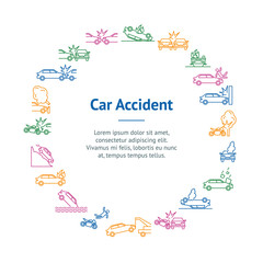 Car Accident Signs Thin Line Banner Card Circle. Vector