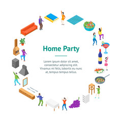 Home Party Concept Banner Card Circle Isometric View. Vector