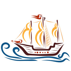 ship with sails floating on the waves, the figure of a dragon