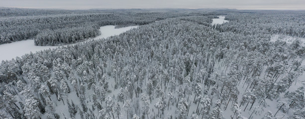 Amazing Wild Olanga River In Frozen Forest. Really Snowly Winter On The North. Aerial,  Paanajärvi, Karelia, Russia