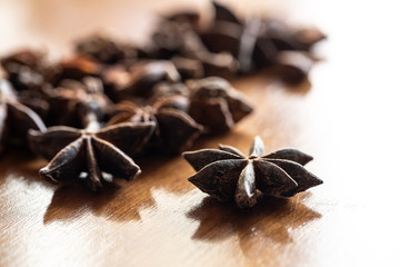 Group of star anise on wooden table