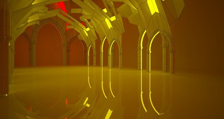 Abstract  white Futuristic Sci-Fi Gothic interior With Red And Yellow Glowing Neon Tubes . 3D illustration and rendering.
