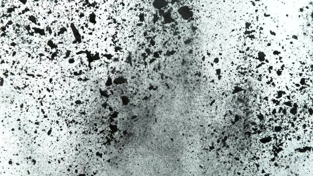 Super slowmotion shot of black powder explosion isolated on white background.