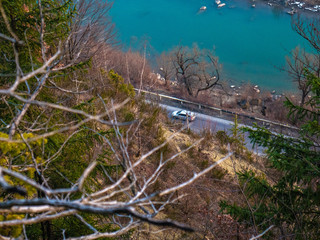 Mountain river valley landscape. View from the cliff to the mountains and the river