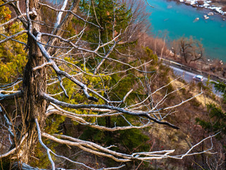 Mountain river valley landscape. View from the cliff to the mountains and the river